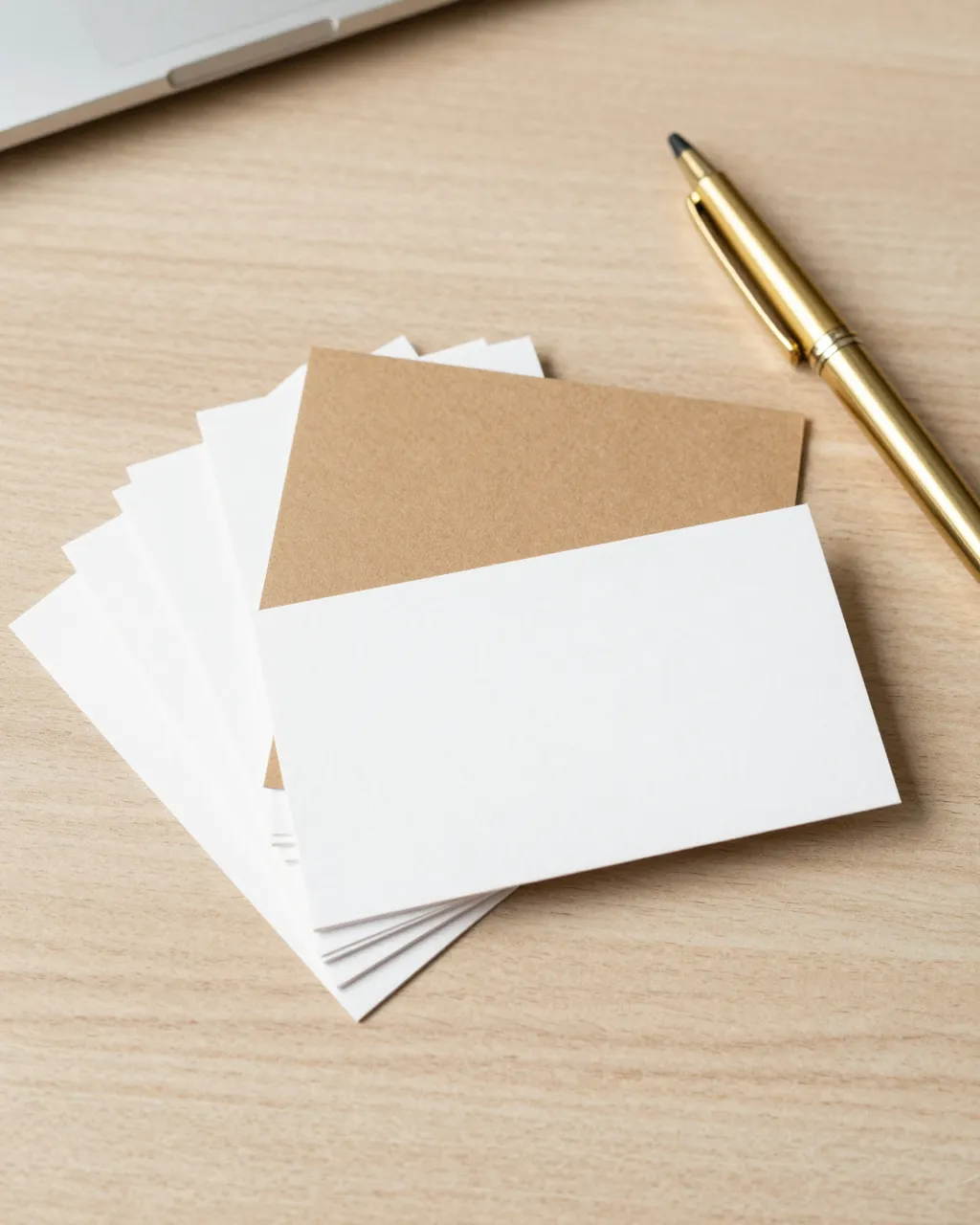 Blank kraft and white business cards fanned on a light oak desk next to a brass pen and partial laptop