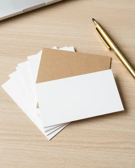 Blank kraft and white business cards fanned on a light oak desk next to a brass pen and partial laptop