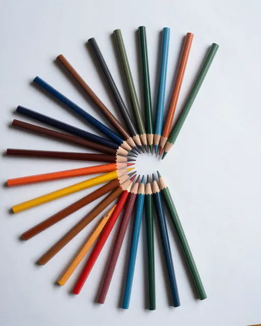 A flat lay of colored pencils arranged in a fanned radial arc on a plain crisp white paper background.