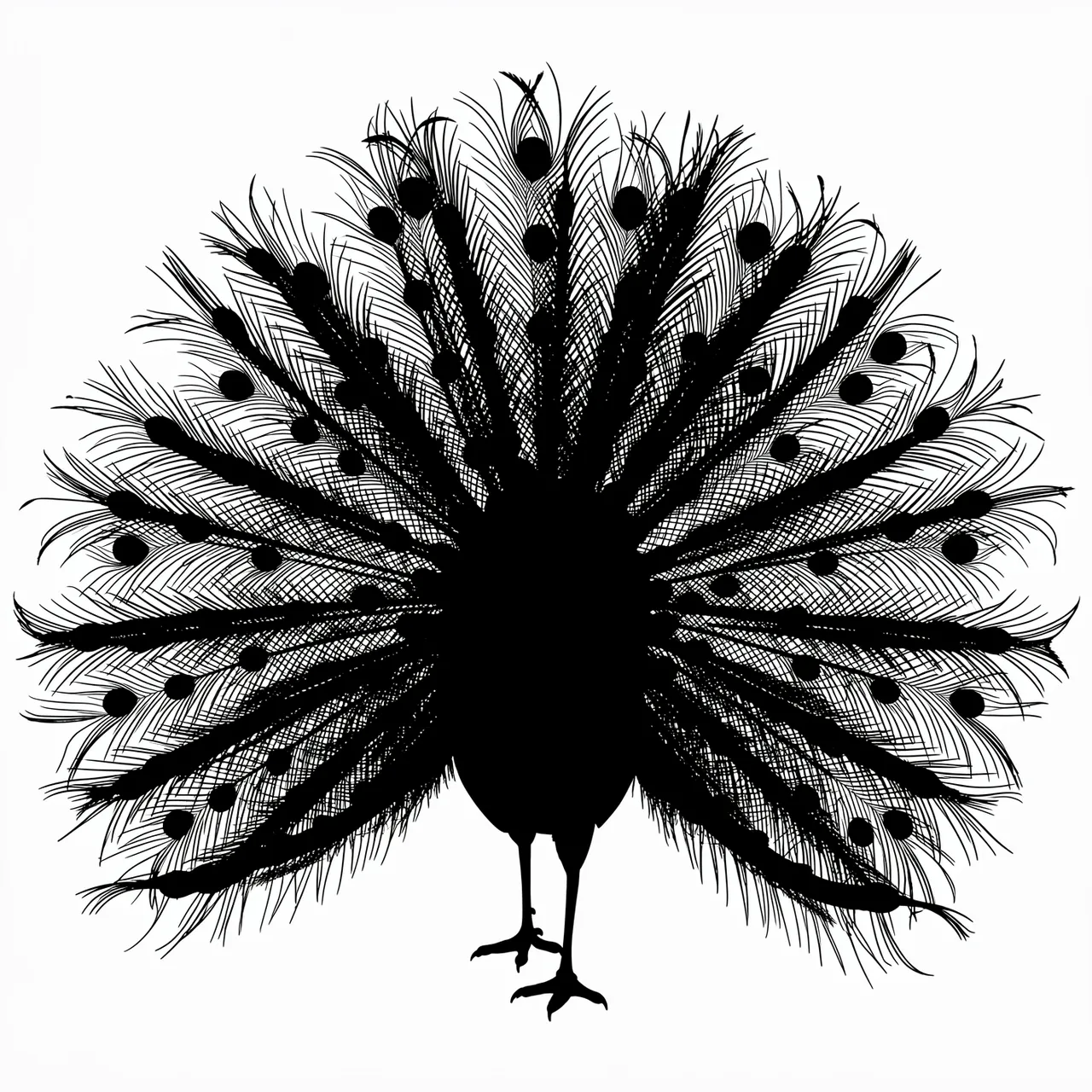 A solid black silhouette of a peacock with its tail fully fanned out against a plain white background