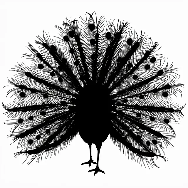 A solid black silhouette of a peacock with its tail fully fanned out against a plain white background