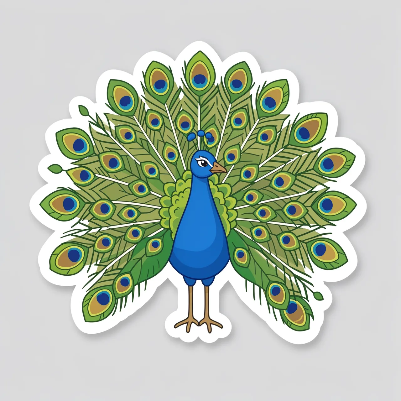 Cute flat illustration peacock sticker with fanned tail and white border on light gray background