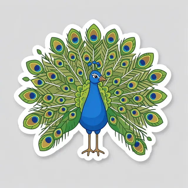Cute flat illustration peacock sticker with fanned tail and white border on light gray background
