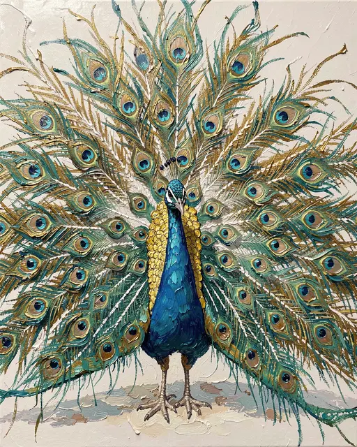 Textured impasto oil painting of a peacock displaying its fanned iridescent teal and gold tail feathers