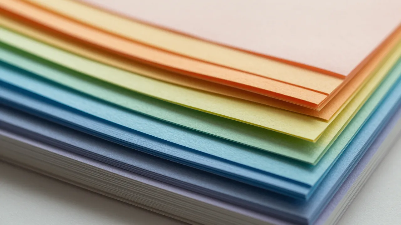 Close-up of a fanned stack of colored paper sheets arranged in soft rainbow order