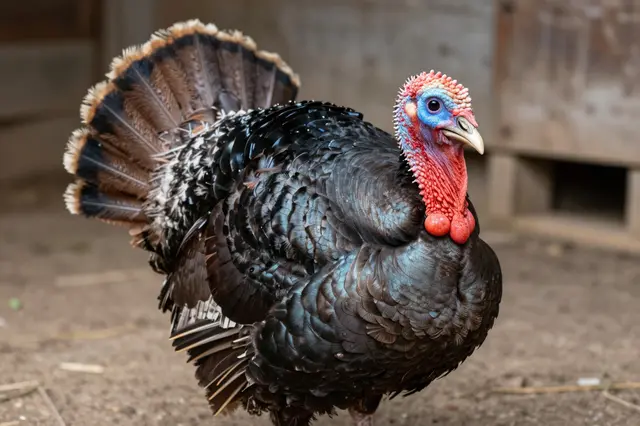 A domestic turkey with its tail fanned out stands in a rustic barnyard pen