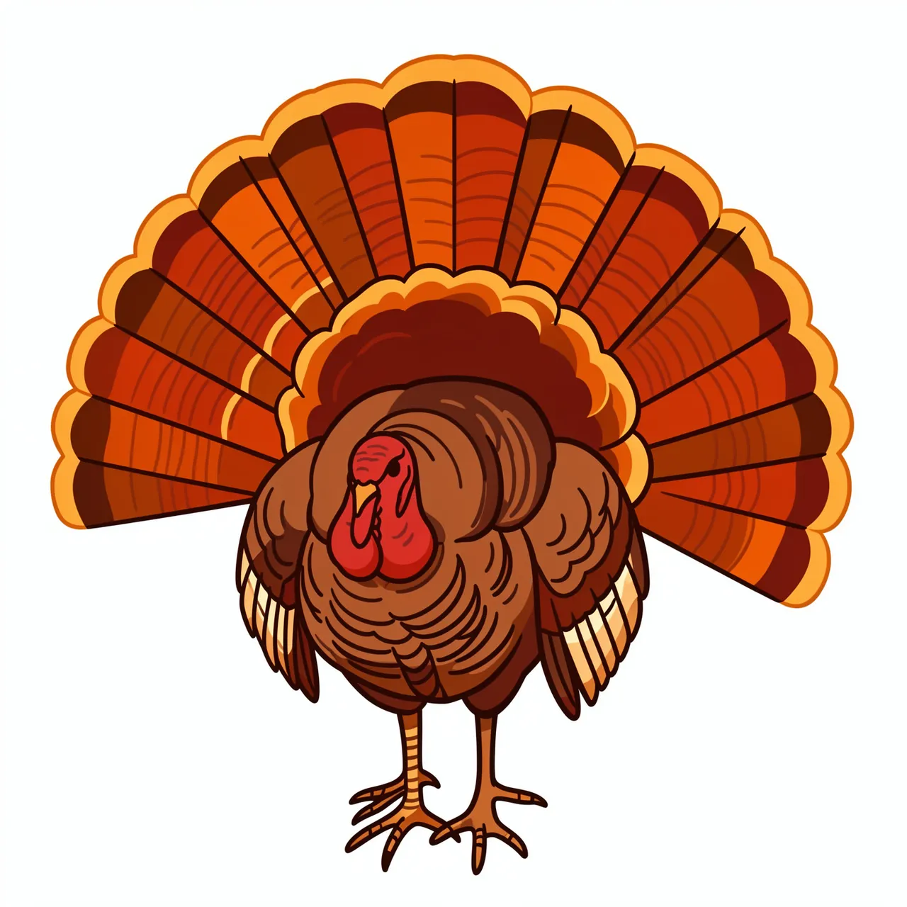 Flat cartoon illustration of a turkey with a fully fanned colorful tail isolated on a plain white background