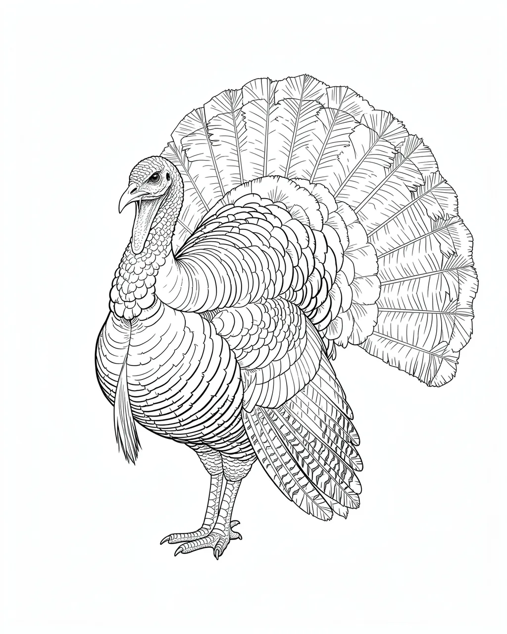 Detailed fine line drawing of a turkey with its tail feathers fully fanned out against a plain white background