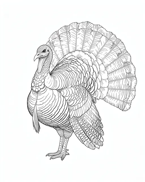Detailed fine line drawing of a turkey with its tail feathers fully fanned out against a plain white background