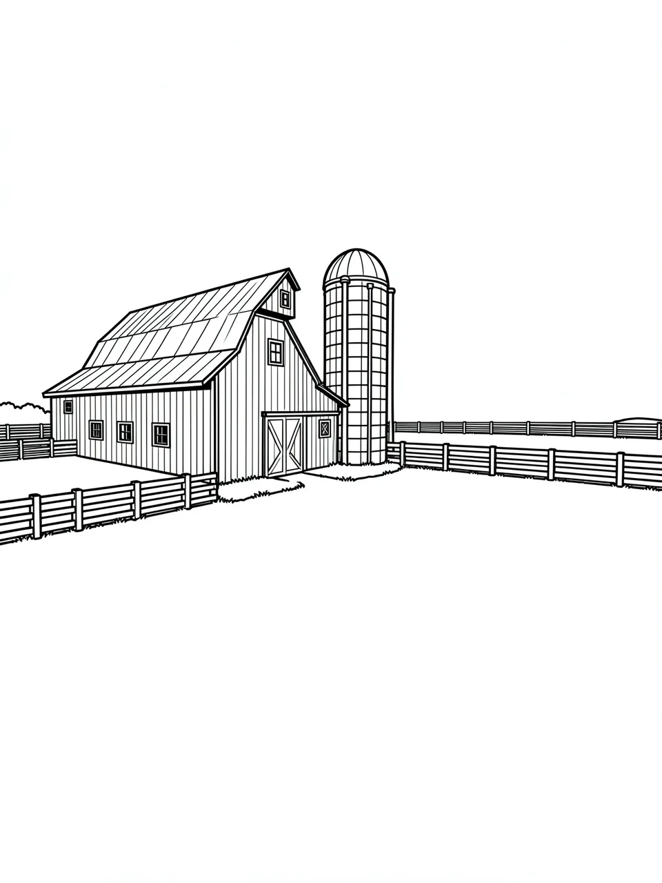 Black and white bold line art of a barn, attached silo and fenced pasture on a plain white background