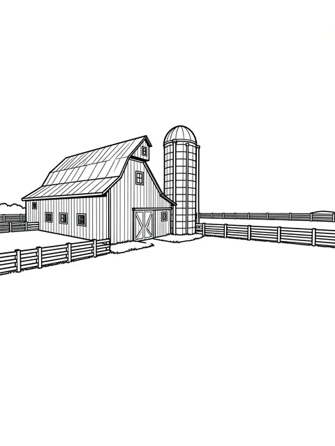 Black and white bold line art of a barn, attached silo and fenced pasture on a plain white background