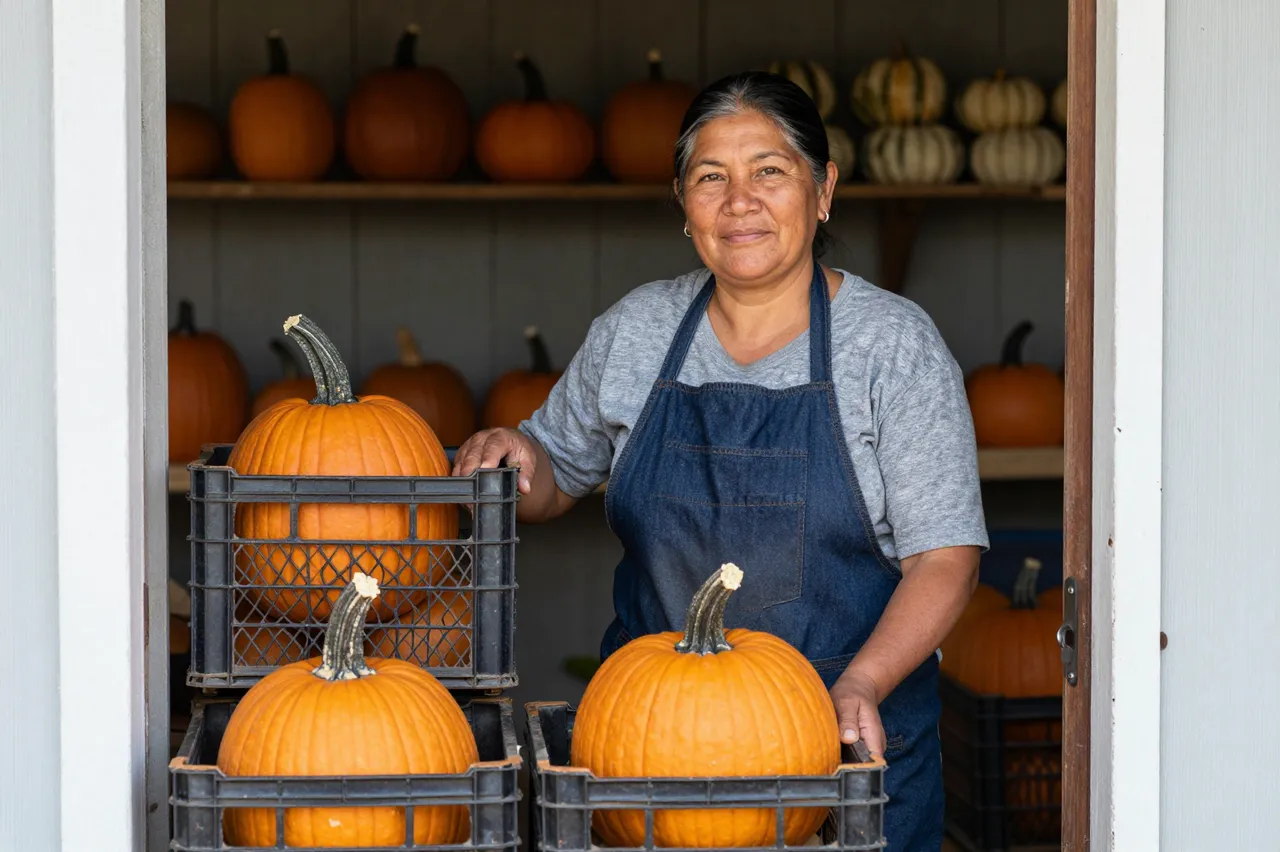 Indigenous farm shop owner holds crates of fresh pumpkins in her store doorway