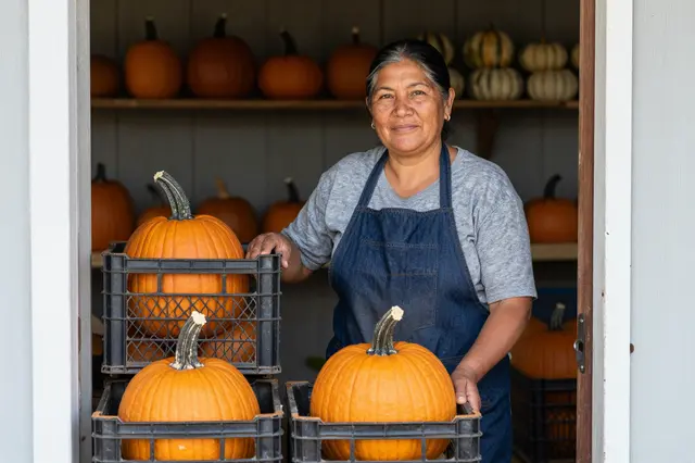 Indigenous farm shop owner holds crates of fresh pumpkins in her store doorway