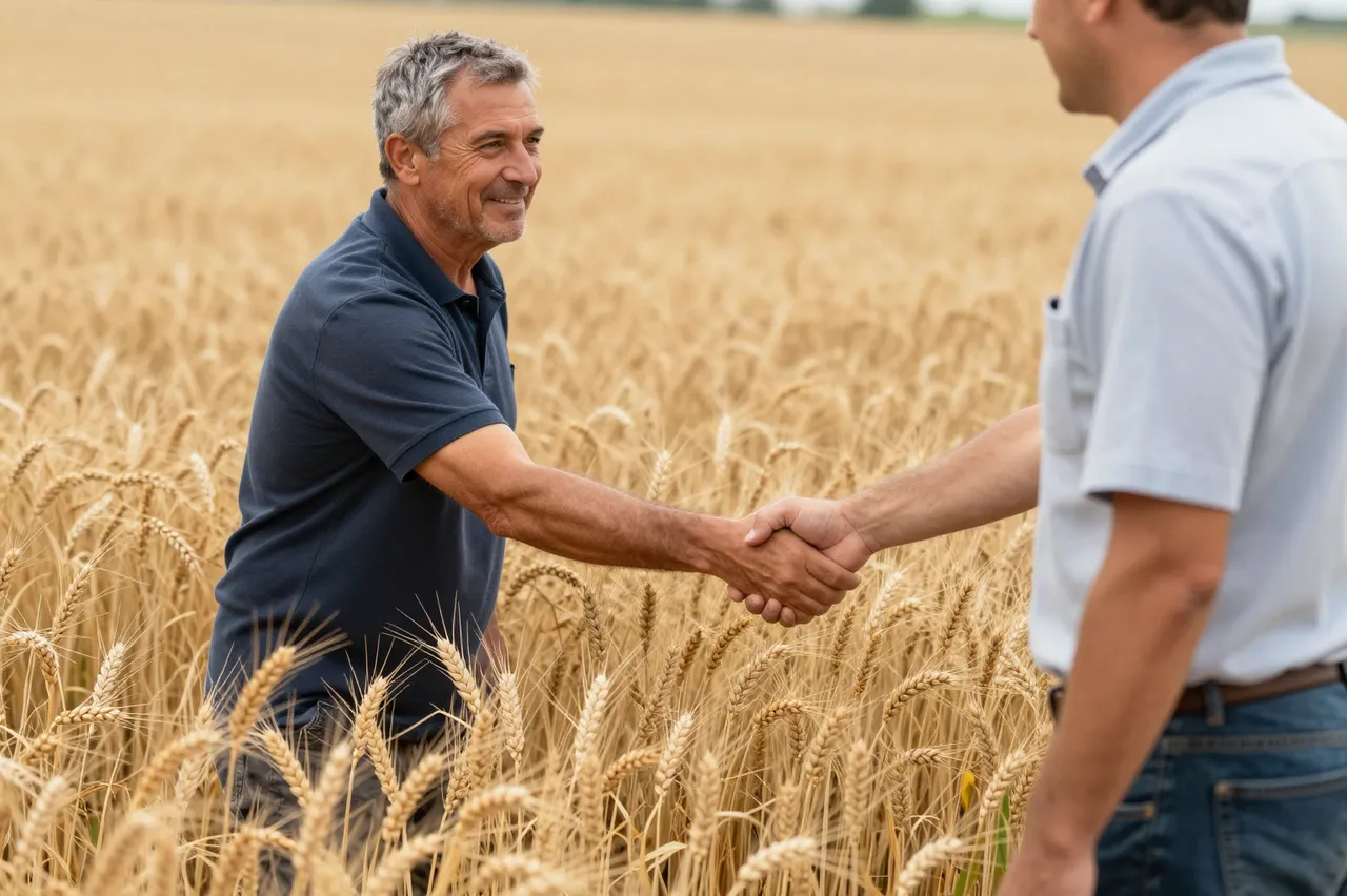 Two men shake hands while standing at the edge of a ripe golden wheat field