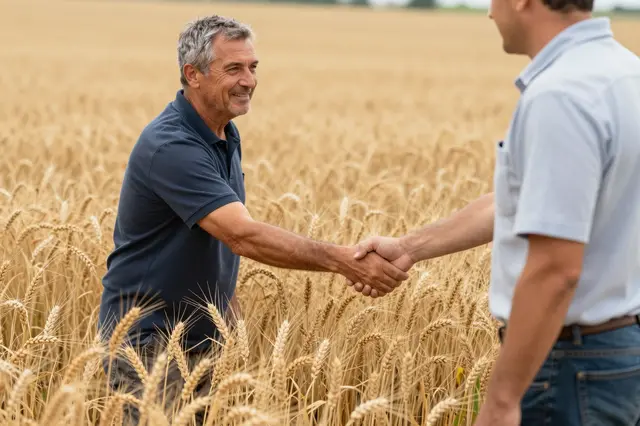 Two men shake hands while standing at the edge of a ripe golden wheat field
