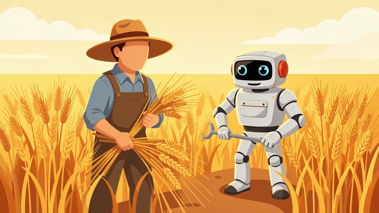 A faceless farmer and a friendly small robot harvest golden wheat side by side in a sunlit field