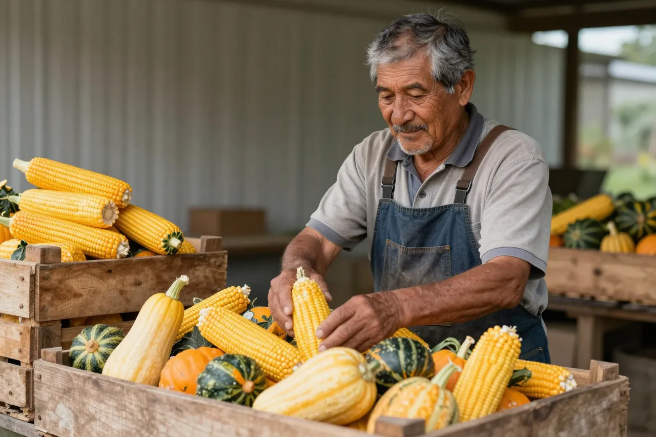 An older Indigenous man arranges corn and squash in wooden crates at a farm stand.