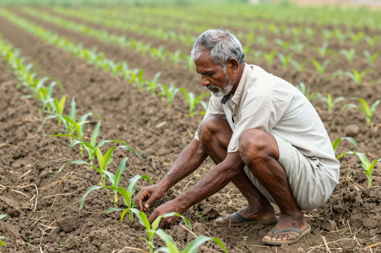 A senior South Asian farmer crouches to examine soil between rows of young corn seedlings in a field