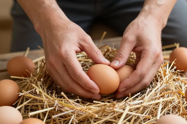 Close-up of a person's hands gathering brown chicken eggs from a straw nest