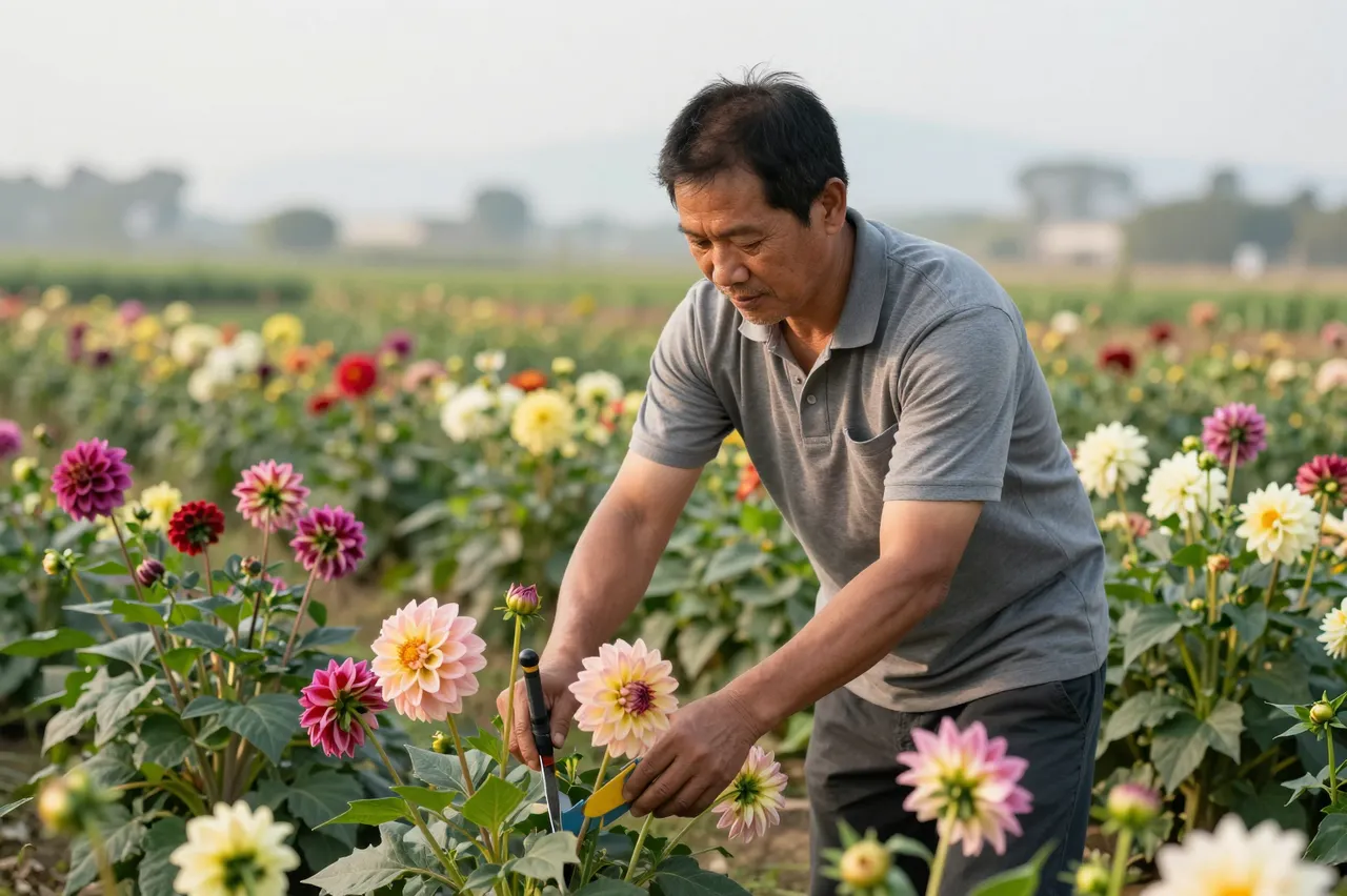 A Southeast Asian man in his fifties cuts dahlia flowers in his farm field during soft hazy dawn light