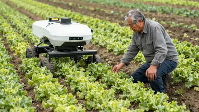 Senior farmer kneels in a lettuce field beside a white agricultural weeding robot