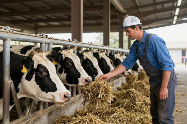 A male farmer reaches to place hay for holstein dairy cows lined up inside a cattle barn.