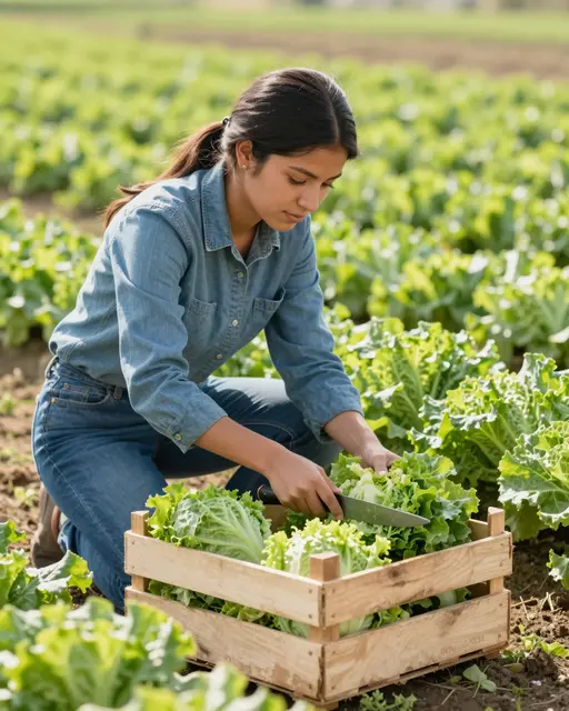 A young Latina farmer kneels to cut fresh lettuce into a wooden crate in a sunny farm field.