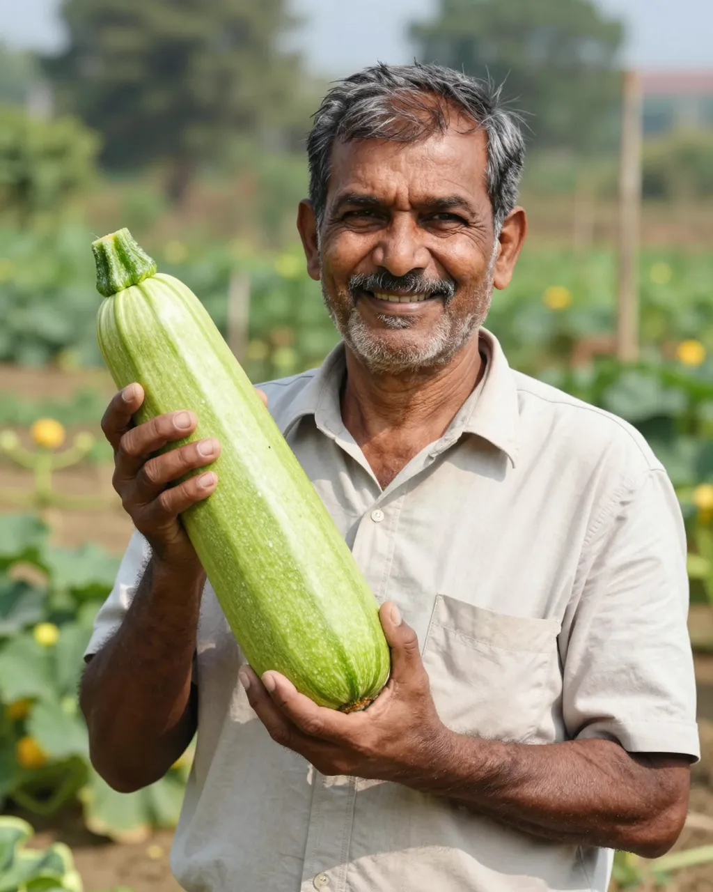 A smiling older South Asian man holds a very large zucchini in a sunny vegetable allotment