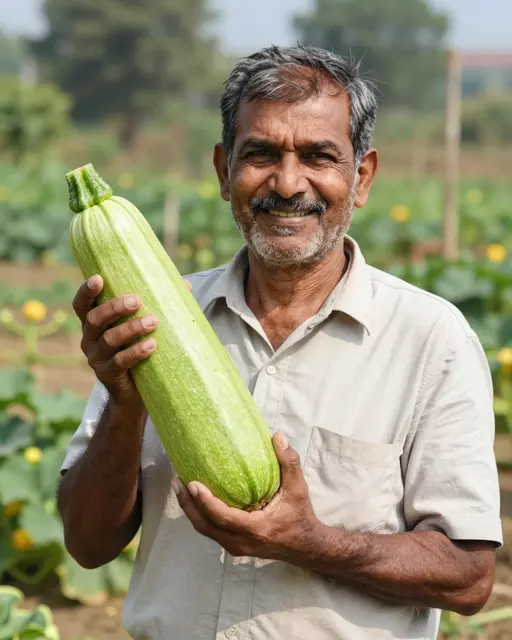 A smiling older South Asian man holds a very large zucchini in a sunny vegetable allotment