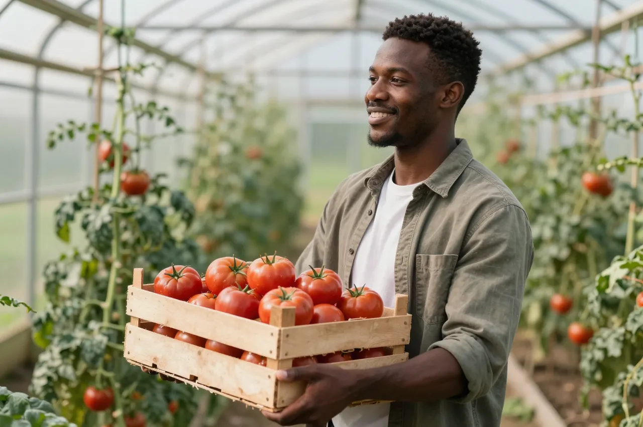 Smiling Black farmer in his thirties holds a wooden crate of ripe red tomatoes inside a sunlit polytunnel.