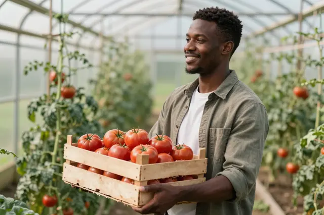 Smiling Black farmer in his thirties holds a wooden crate of ripe red tomatoes inside a sunlit polytunnel.
