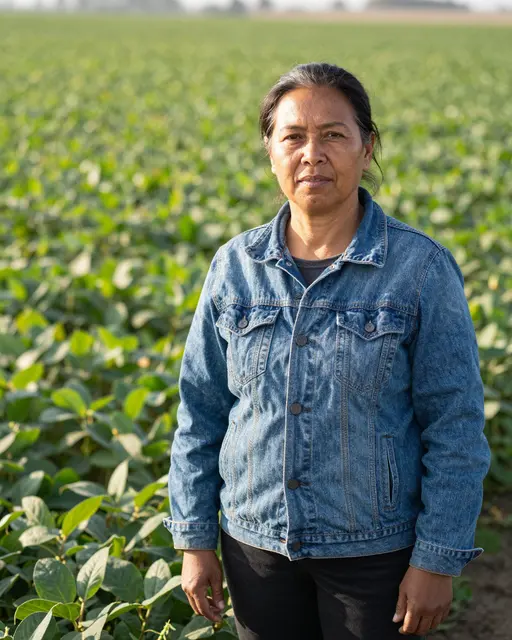 Middle aged mixed race woman in a denim jacket stands at the edge of a sunlit green soybean field.