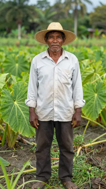 An older male farmer wearing a wide straw hat stands facing the camera in a taro field