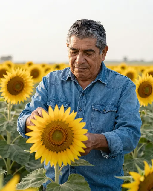 Older Latino farmer in a denim shirt examines a sunflower head in a sunflower field at sunrise