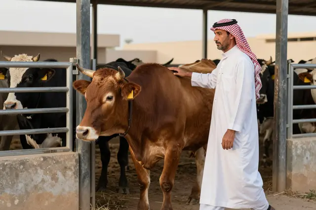 Middle Eastern farmer in traditional dress leads a brown cow out of a livestock barn at dawn.