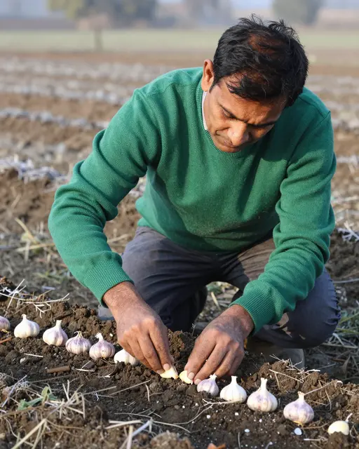 A middle aged South Asian man kneels to plant garlic cloves in frosty tilled farm soil on a cool autumn morning
