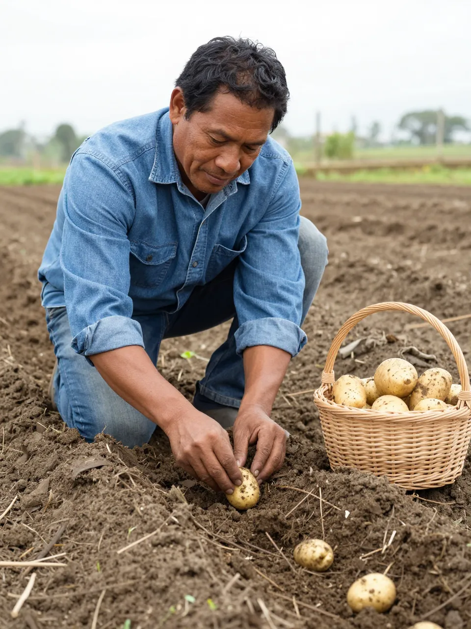 A man kneels in tilled farm soil placing a seed potato into a row beside a wicker basket of potatoes