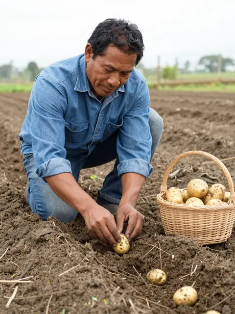 A man kneels in tilled farm soil placing a seed potato into a row beside a wicker basket of potatoes