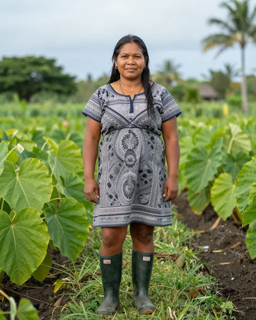 A Pacific Islander woman in rubber boots stands among taro plants under an overcast tropical sky