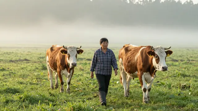 Mature East Asian farmer walks between two brown and white cows across a misty green pasture at dawn