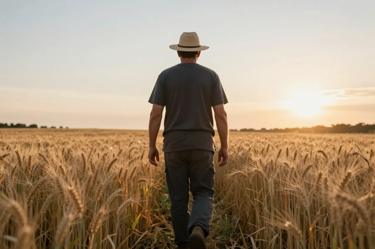 A man viewed from behind walks through a ripe wheat field as the sun sets on the horizon