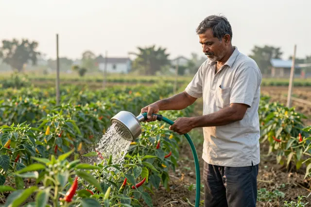 Older South Asian man watering rows of chili plants with a hose attachment during warm late afternoon light