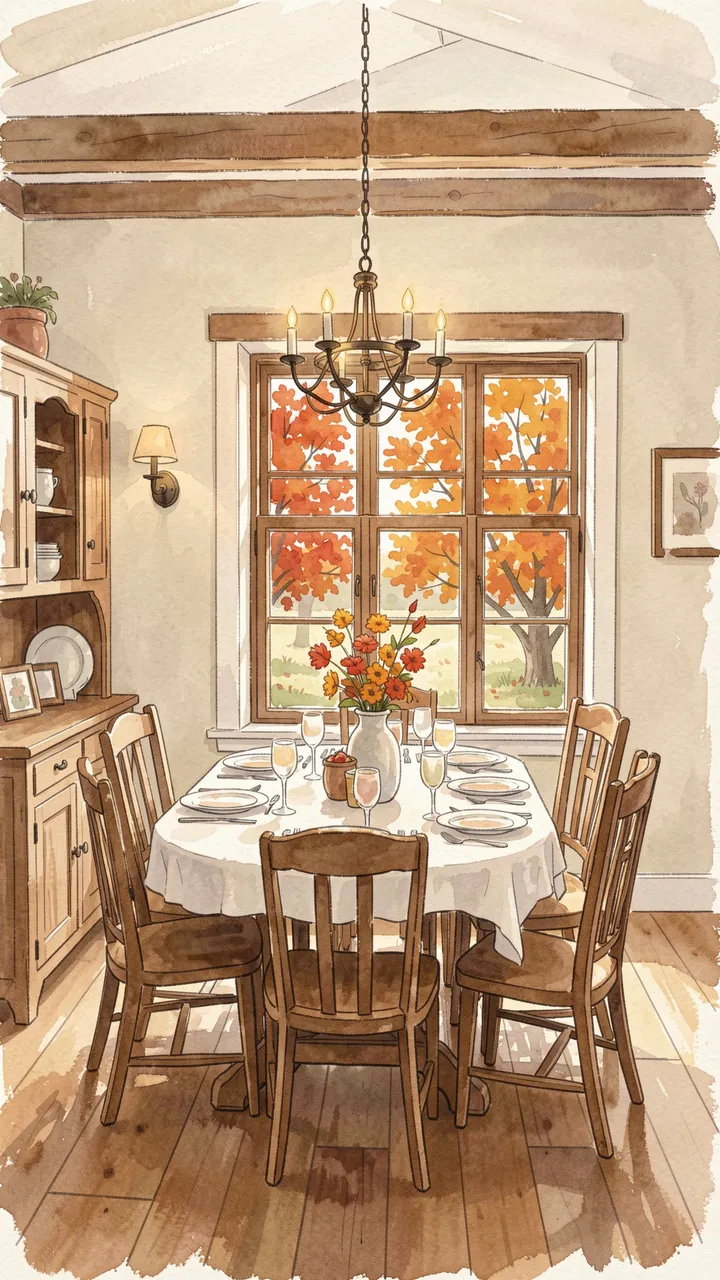 A gouache illustration of a set wooden farmhouse dining room with fall trees visible through the window