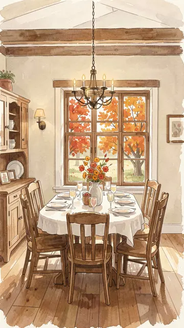 A gouache illustration of a set wooden farmhouse dining room with fall trees visible through the window