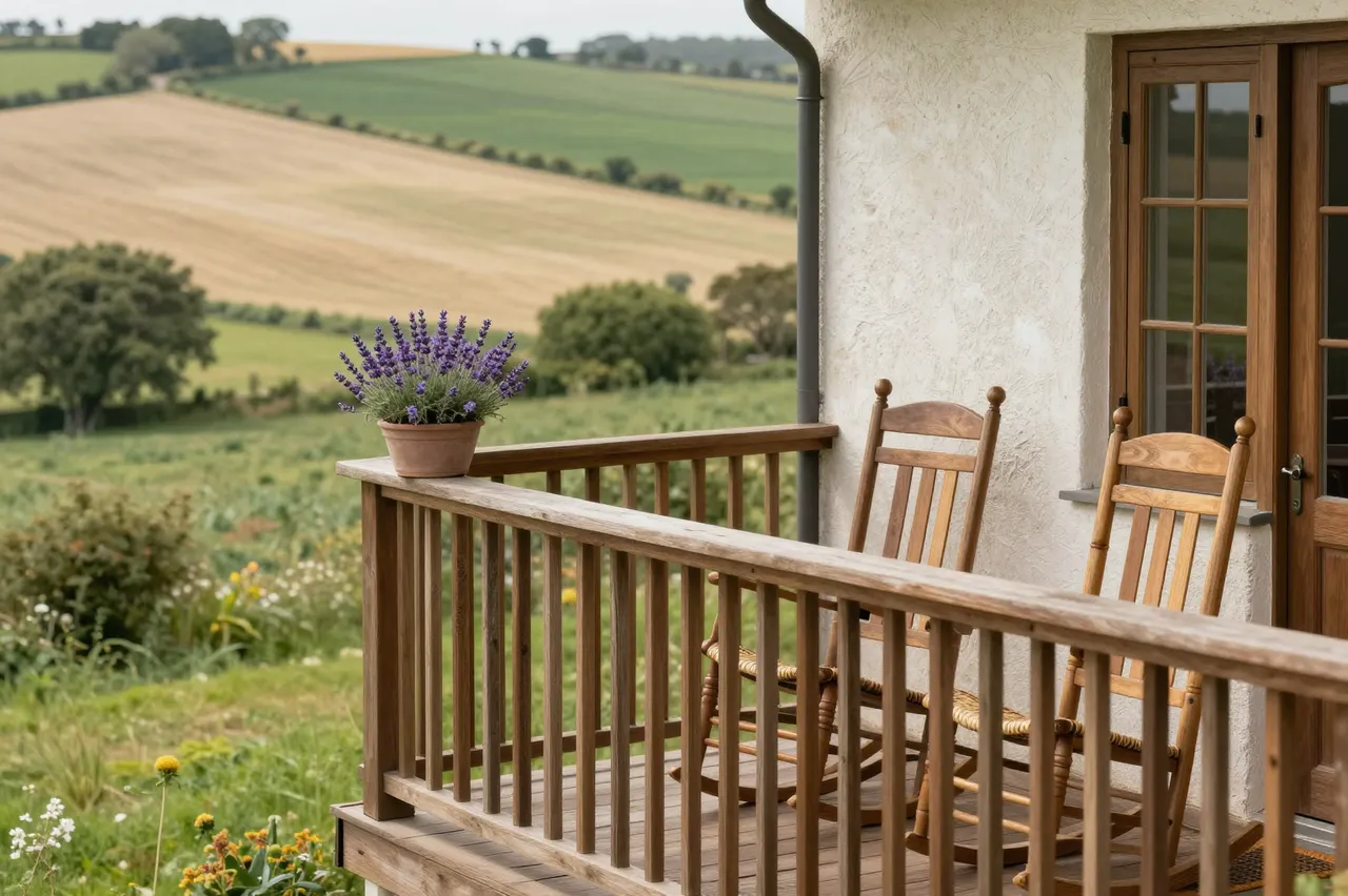 Wooden farmhouse balcony with rocking chairs and potted lavender overlooks rolling rural fields