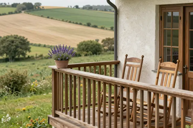 Wooden farmhouse balcony with rocking chairs and potted lavender overlooks rolling rural fields