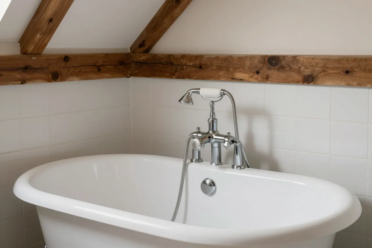 A white clawfoot tub with chrome fixtures sits below exposed wooden ceiling beams in a tiled farmhouse bathroom
