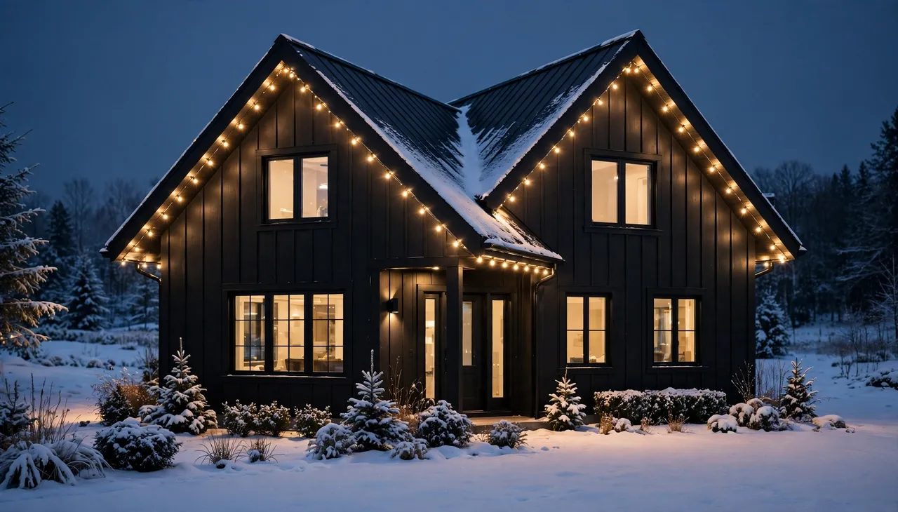 Modern dark farmhouse lit with warm Christmas string lights on a snowy twilight evening