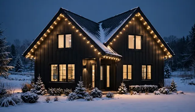 Modern dark farmhouse lit with warm Christmas string lights on a snowy twilight evening