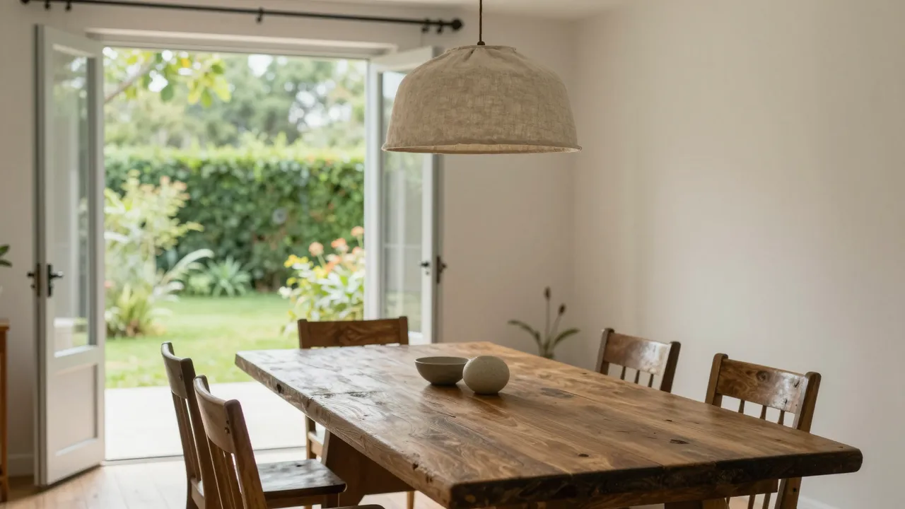 Bright dining room with a long wooden table, linen pendant lamp, and open doors to a green garden